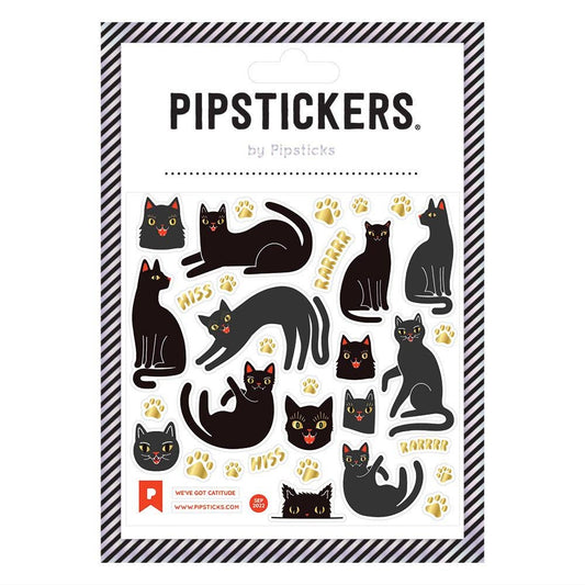 We've Got Catitude PipStickers with black cat designs and gold foil accents on a clear sheet, perfect for stationery store lovers.