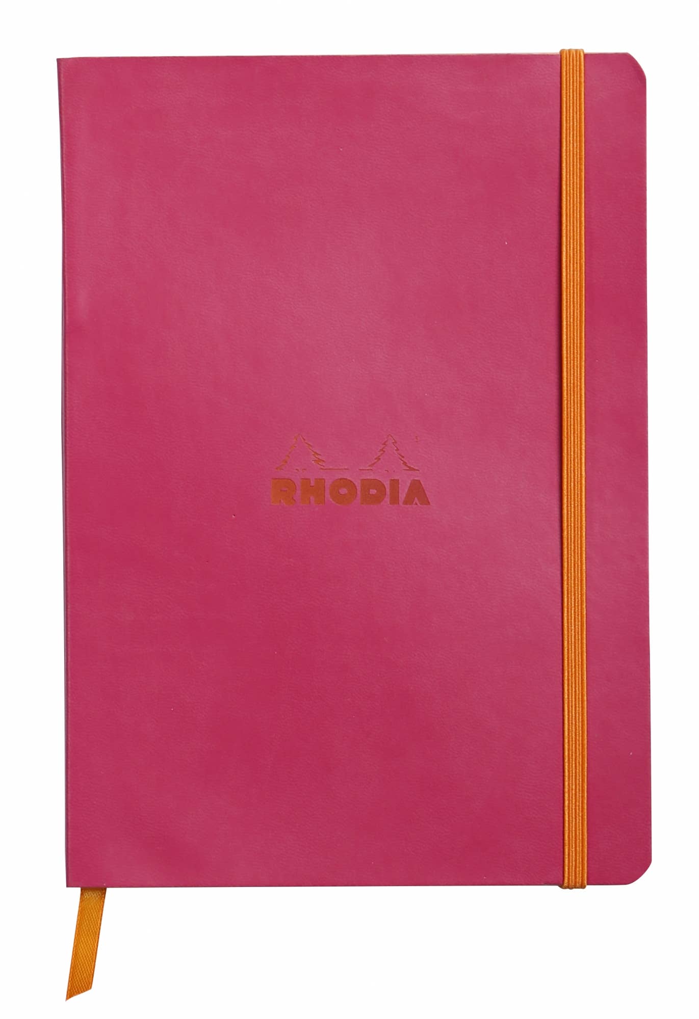 Rhodiarama Softcover Journal A5 in pink with elastic closure, perfect for stationery store shoppers. Vegan leather cover and fountain pen friendly paper.