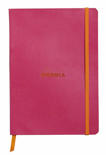 Rhodiarama Softcover Journal A5 in pink with elastic closure, perfect for stationery store shoppers. Vegan leather cover and fountain pen friendly paper.