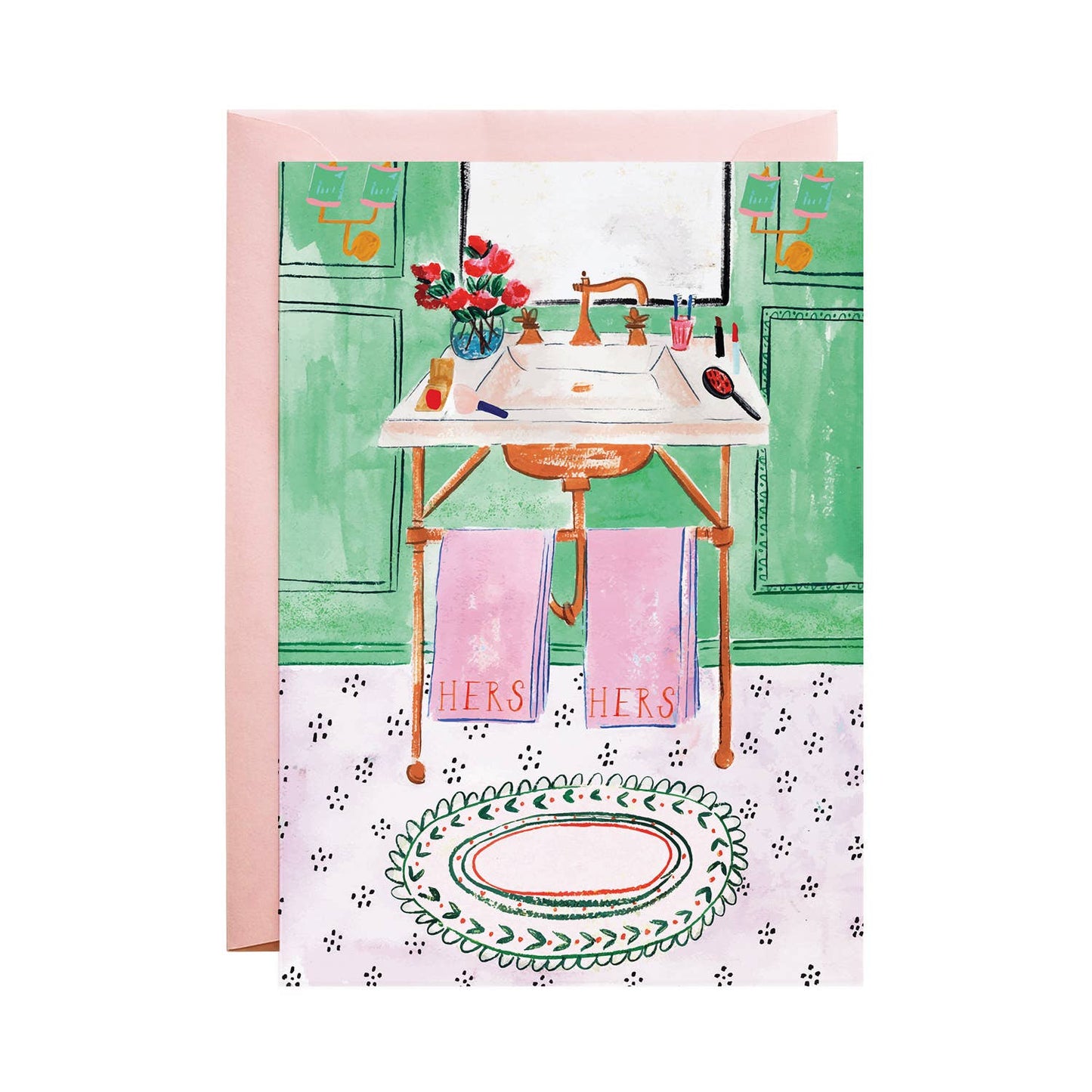 Wedding greeting card with pink 'Hers and Hers' towels illustration by Mr. Boddington, available at stationery store.