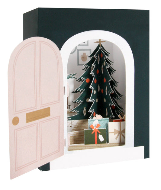 Cozy Room Pop-Up Everyday Greeting Card with Gold Foil featuring a holiday scene and tree, available at a stationery store.