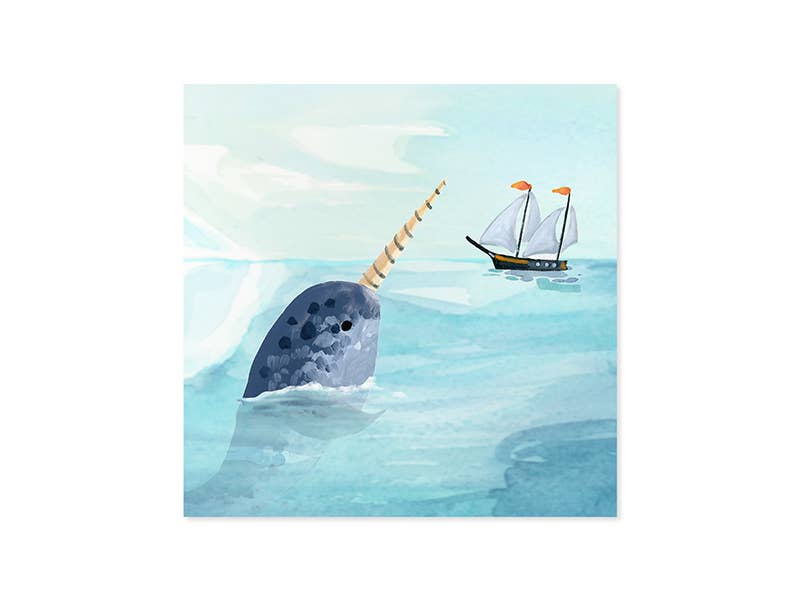 Narwhals Pop-Up Card featuring a narwhal in the ocean with a sailboat, ideal for birthday greetings. Available at stationery stores.