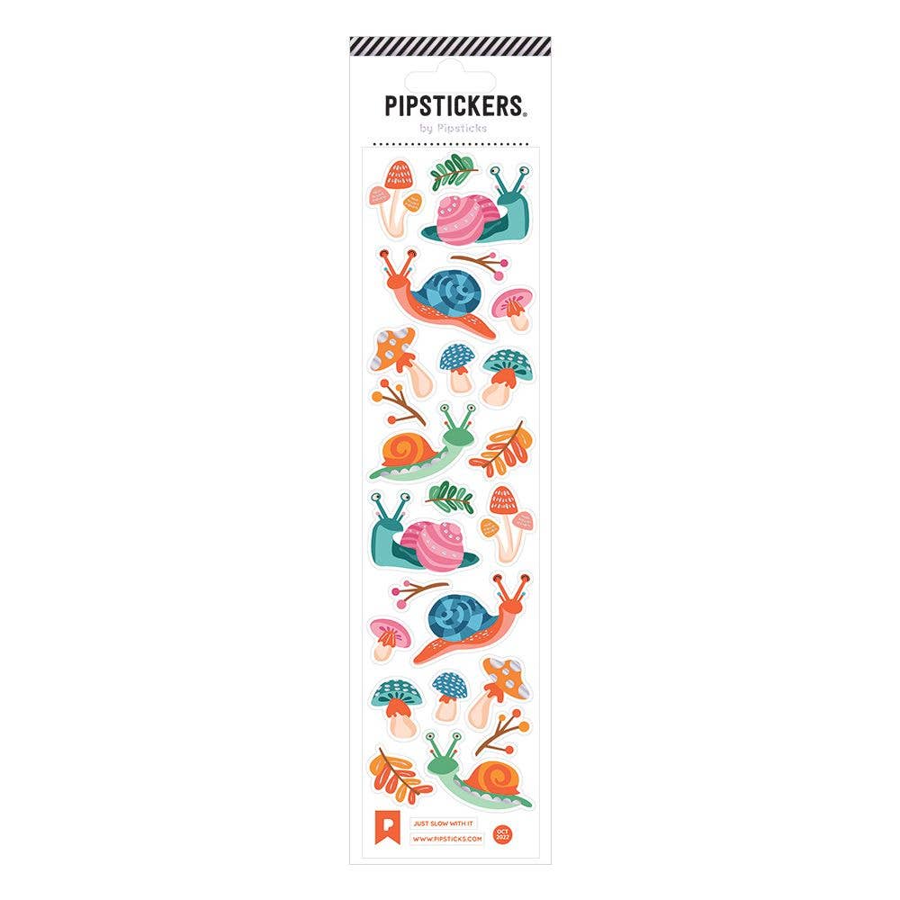 Colorful Just Slow With It PipStickers featuring snails and plants, perfect for stationery store lovers, water & UV resistant.