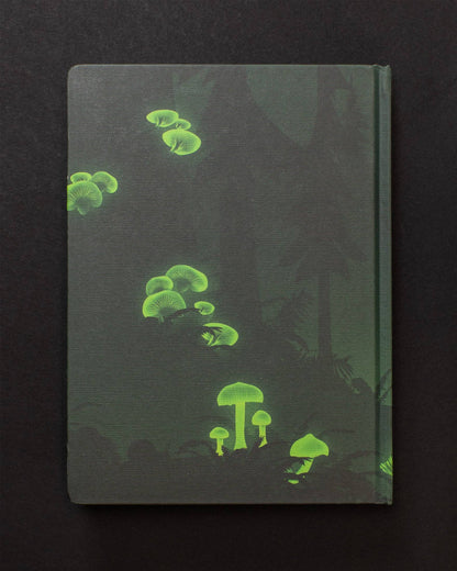 Bioluminescent Mushrooms Dark Matter Notebook cover, featuring glowing mushrooms, available at the stationery store.