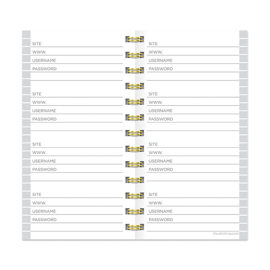 Interior pages of Black Spiral Password Book from stationery store with sections for site, URL, username, and password entries.