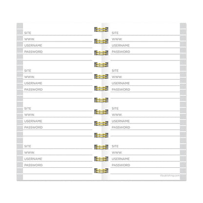 Interior pages of Black Spiral Password Book from stationery store with sections for site, URL, username, and password entries.