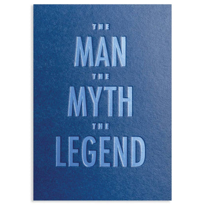 The Man, The Myth, The Legend Lagom birthday card from stationery store, featuring bold embossed text on a blue background.