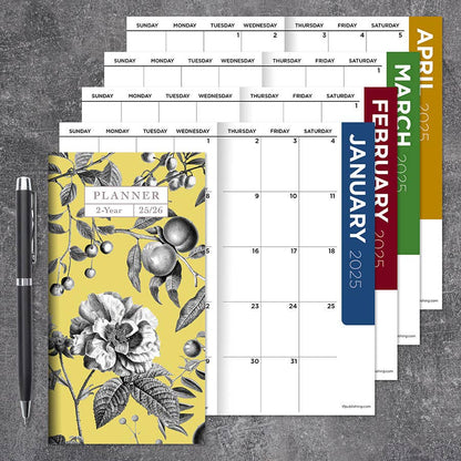 2025-2026 Yellow Botanical Small Monthly Pocket Planner with floral cover on stationery store background