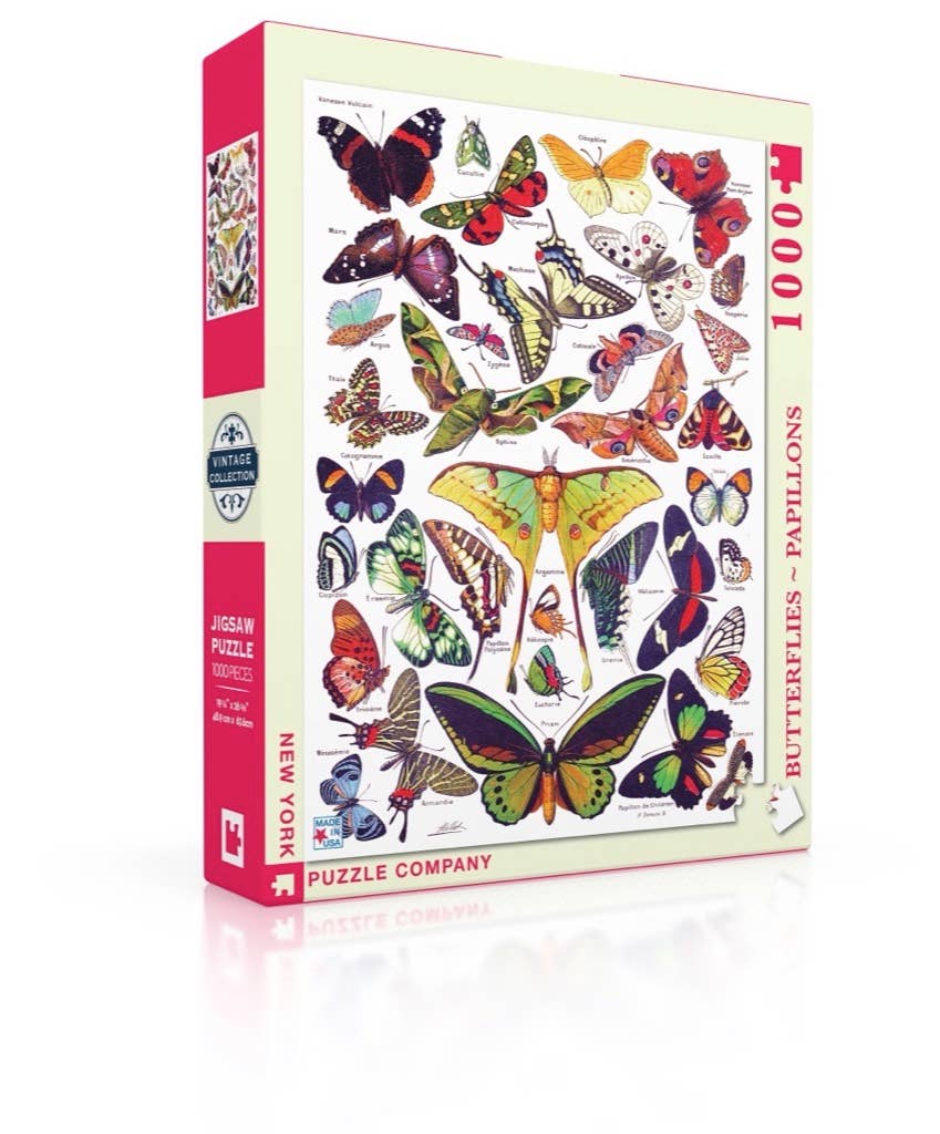 Butterflies ~ Papillons 1000 Piece Jigsaw Puzzle with colorful butterfly illustration by Adolphe Philippe Milot, available at stationery store.