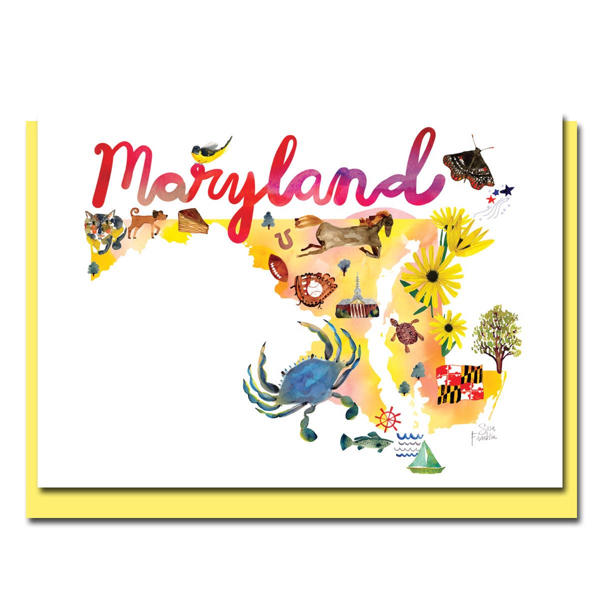 Watercolor map card of Maryland with colorful illustrations, paired with a butter yellow envelope. Designed by Sara Franklin. Stationery store.