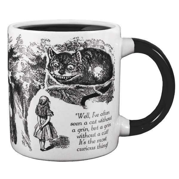 Cheshire Cat Heat-Changing Coffee Mug featuring Wonderland scene, cat grin appears with heat, available at your local stationery store.