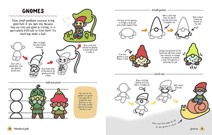 Step-by-step guide from 'How to Draw Cute Woodland Friends' by Angela Nguyen, featuring gnomes illustration. Stationery store book page.