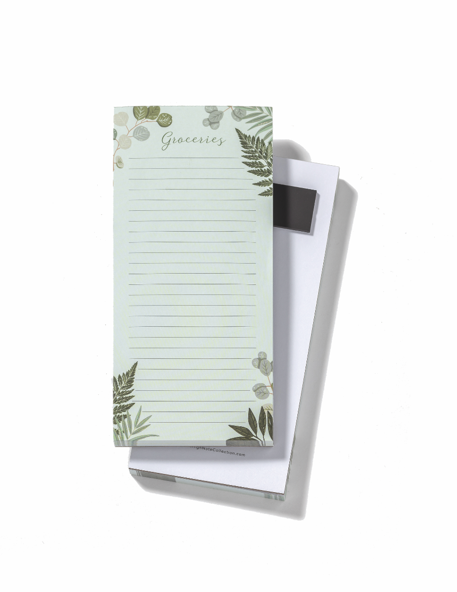 Greenery High Note® Vertical List Pad with tear-off pages and magnetic holder, perfect for stationery store shopping lists.