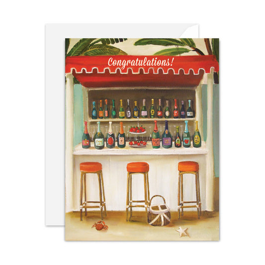 Champagne Shack Card featuring congratulations bar scene, blank inside, eco-friendly stationery from Canada. Available at stationery store.