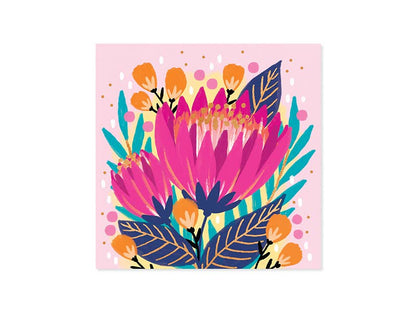 Vibrant Protea pop-up card with colorful floral design, enhanced with gold foil and neon ink, perfect for stationery stores.