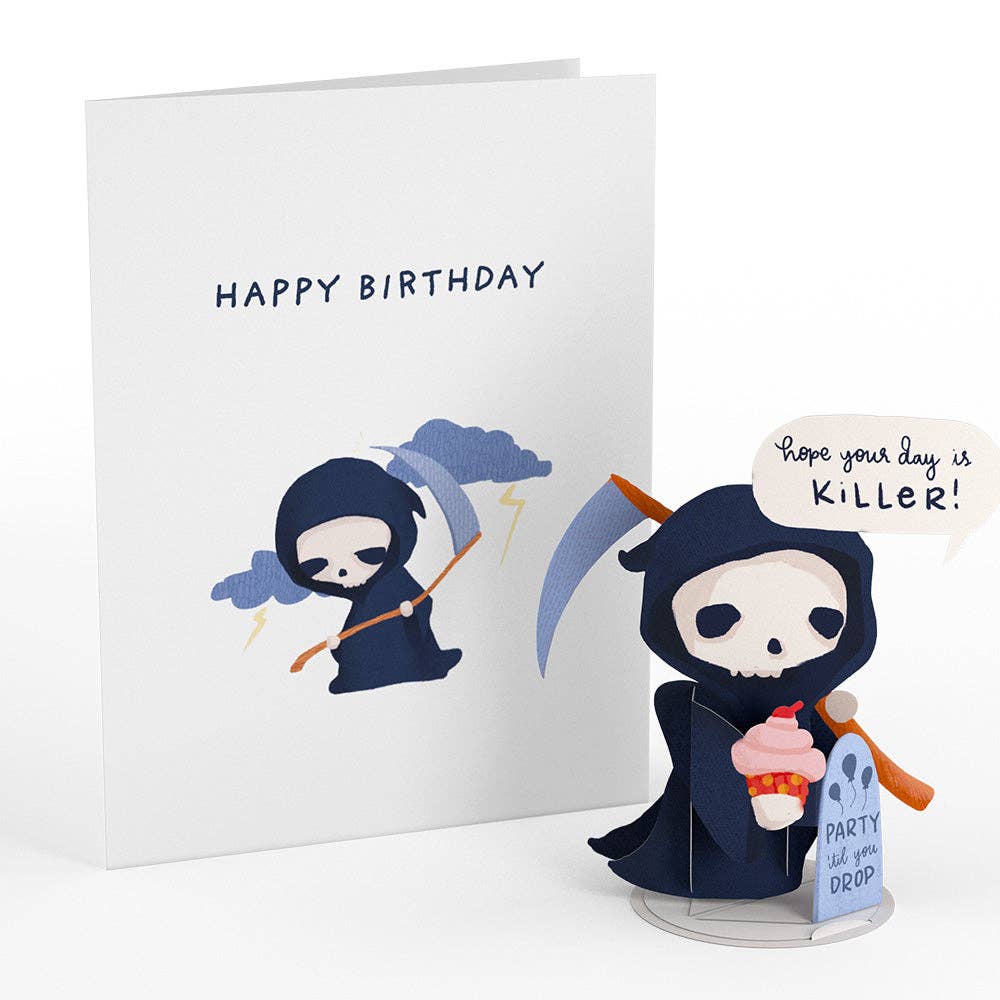 Happy Birthday Grim Reaper PopPals Card with pop-up character, featuring dark humor for a killer birthday. Available at stationery store.