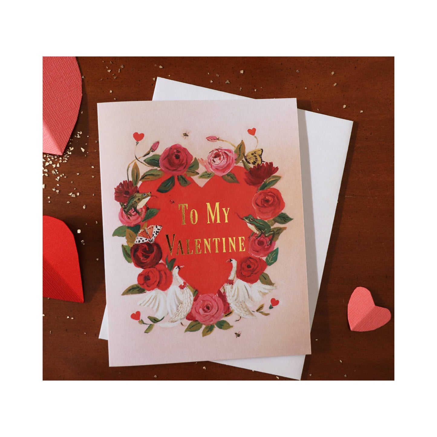 Alt Tag: To My Valentine card with gold foil text, blank inside, from stationery store. Eco-friendly A2 size, with envelope.