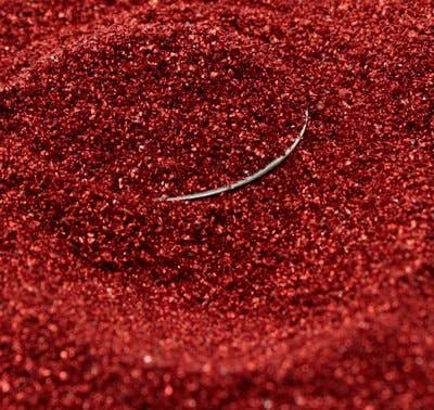 Dark Red Sparkly German Glass Glitter 90 grit 25g for stationery store, fine art with silver coating and aged patina.