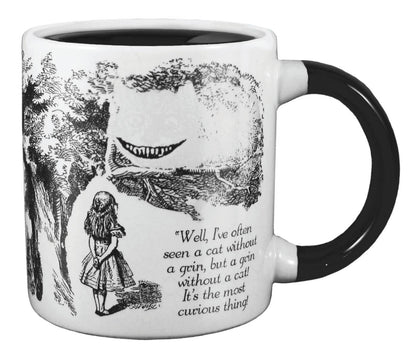 Cheshire Cat heat-changing mug showcasing grin, 10 oz ceramic, perfect for hot beverages like coffee or tea, from stationery store.