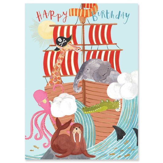 Pirate Ship Louise Tiler Birthday Card featuring animals on a ship, perfect stationery store gift. Inside greeting is blank.