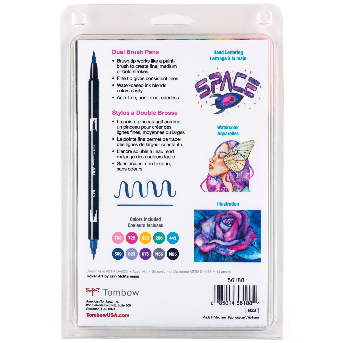 Back view of Dual Brush Pen Art Markers: Galaxy 10-Pack with color details, ideal for hand lettering and illustration, from a stationery store.