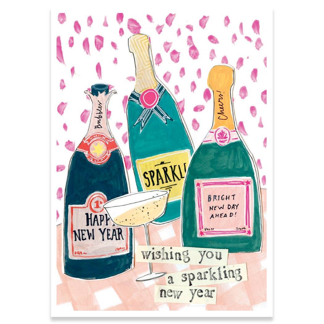 Sparkling New Year card by Curly Girl, featuring festive champagne bottles, ideal for stationery store New Year's boxed card collection.