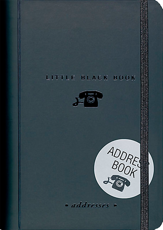 Little Black Book of Addresses by Peter Pauper Press, stylish pocket-sized address book, available at stationery store.