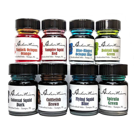 Anderillium™ Ink Sample Set - Cephalopod Series, 8 vibrant colors in bottles, perfect for a stationery store.