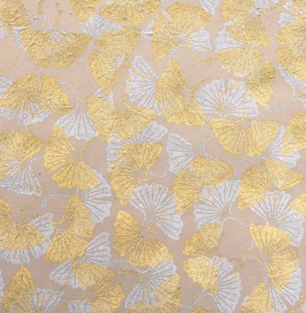 Ginkgo leaves decorative paper with gold and silver design, 30x20, crafted in Nepal. Available at stationery stores. Giftsland GSP143-83.