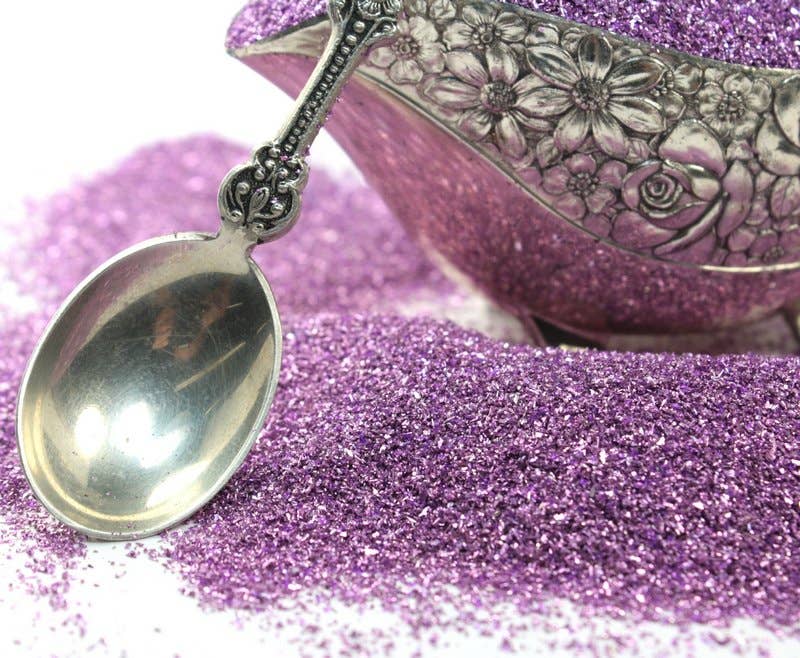 Fine 90 grit Lilac German Glass Glitter with silver spoon, perfect for stationery store crafts and decorations, Meyer Imports.