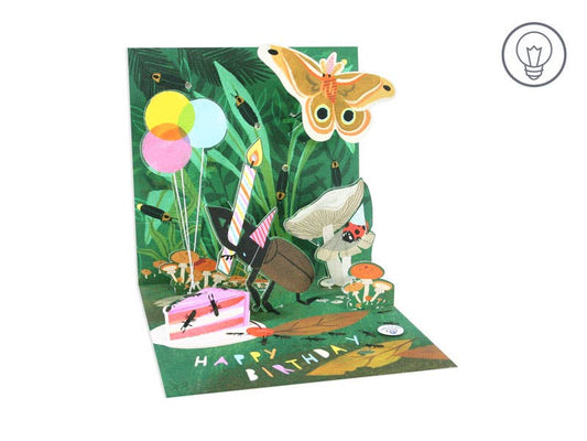 Bugs Birthday Pop-Up Card with Lights, featuring colorful artwork, gold foil, and light effects, available at your stationery store.