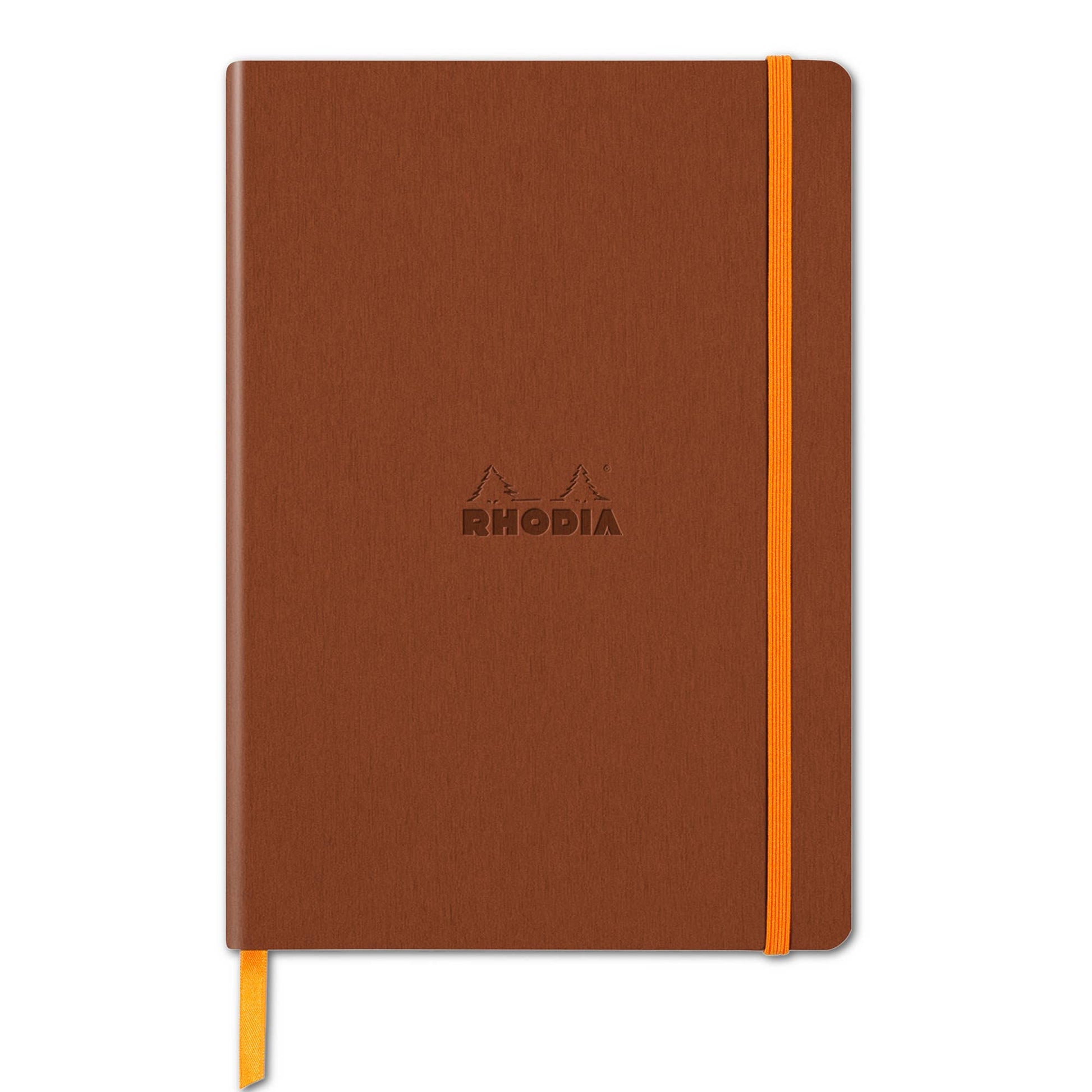 Rhodiarama Softcover Journal A5 in brown, features vegan leather cover, elastic closure, ideal for everyday use at any stationery store.