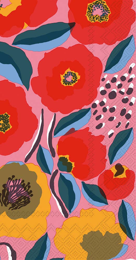 Rosarium Rose Marimekko Paper Guest Towels, vibrant floral design, 16 count, available at stationery store, 3-ply quality, 8.5x4.5 inches.