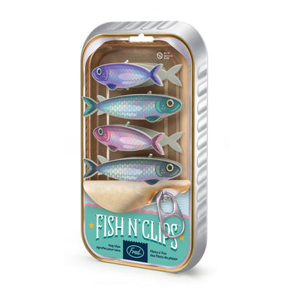 Fish 'N Clips sardine bag clips set of 4 in packaging, perfect for kitchens, stationery store accessory