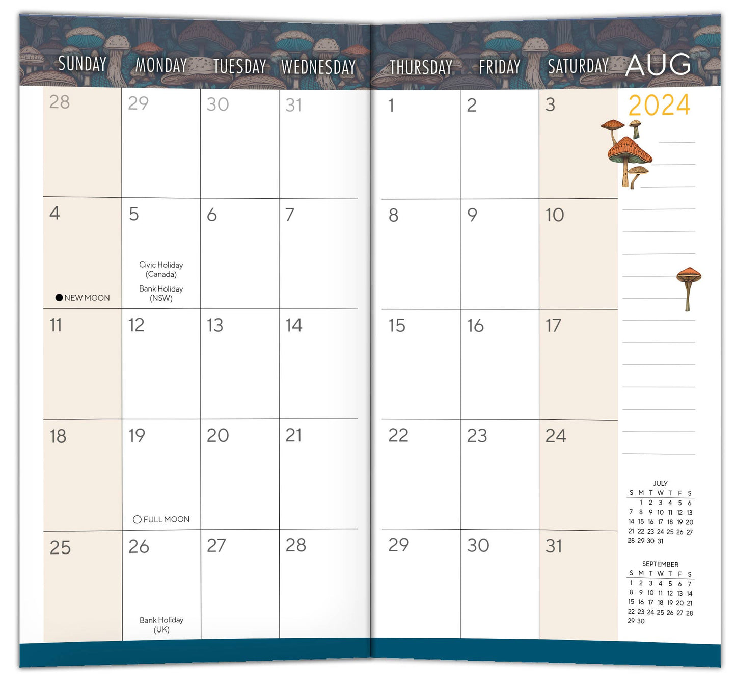 August 2024 monthly view of the Mighty Mushrooms pocket planner, featuring days and holidays for easy organizing.