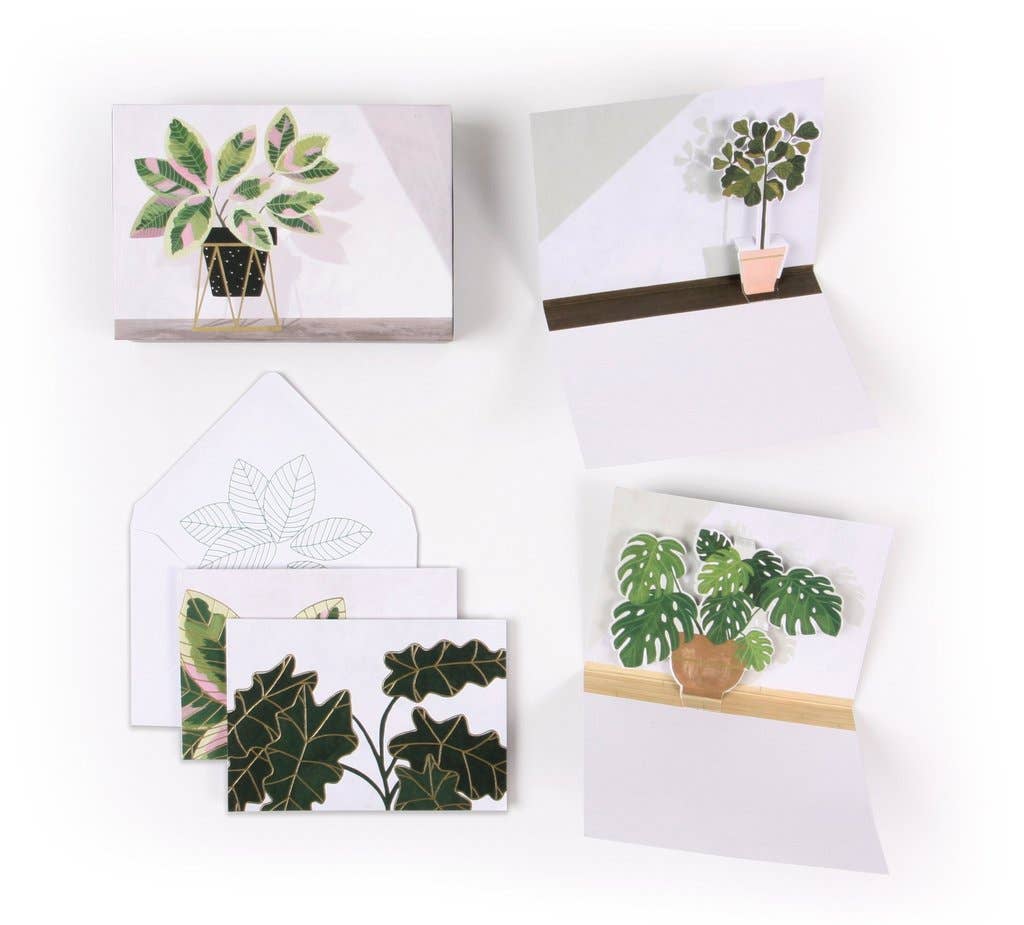 Potted Plants Pop-Up Card set with die-cut edges and gold foil, available at our stationery store in a keepsake box with 8 cards and envelopes.