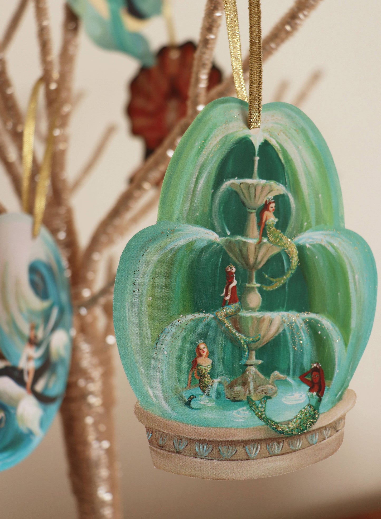 Mermaid Fountain Die Cut Paper Ornament with Glitter and Gold Ribbon from Stationery Store