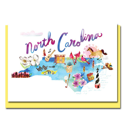 Watercolor Maps Card of North Carolina with artistic illustrations, sold at a stationery store. Comes with butter yellow envelope.