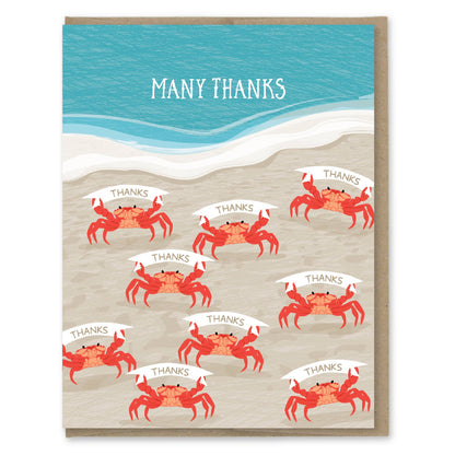 "Many Thanks Card" with crabs on a beach design, blank inside, A2 size, eco-friendly stationery from a specific stationery store.