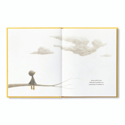 Open book "Finding Muchness" with illustration of a bird on a branch, perfect for adding to your stationery store collection.