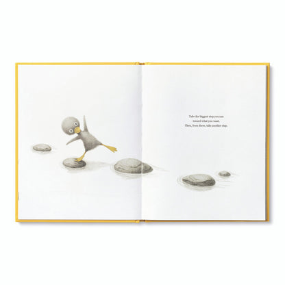 "Finding Muchness" book illustration with a small creature balancing on stepping stones, featured in our stationery store collection.