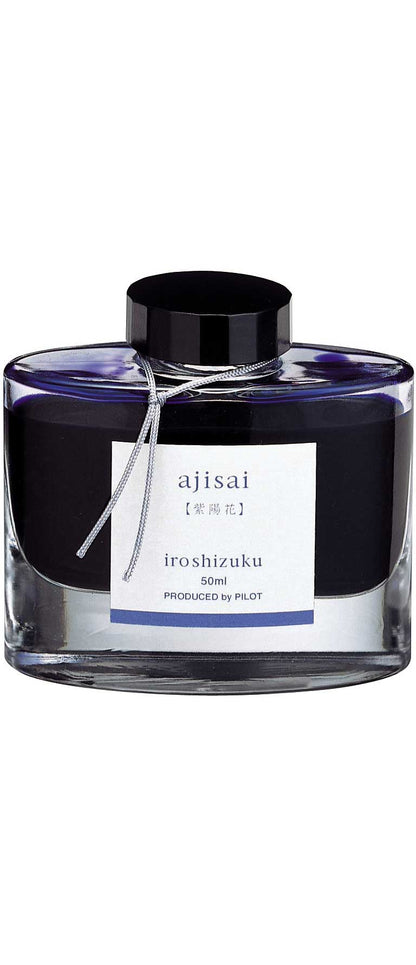 Iroshizuku Ink 50ml Bottle - Ajisai blue; premium Japanese ink for stationery stores, featuring elegant glass bottle design.