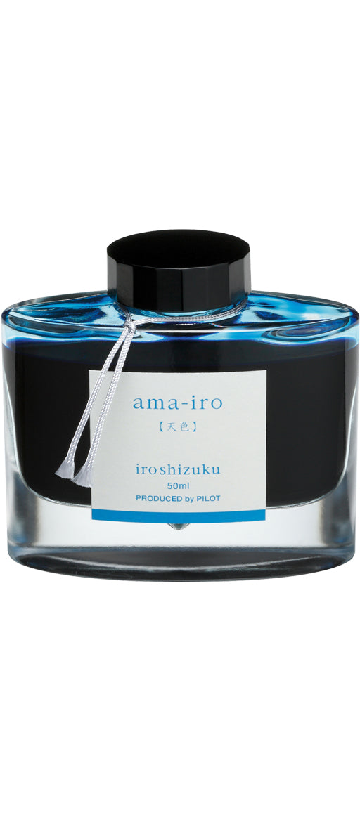 Iroshizuku Ink 50ml bottle in Ama-iro blue, showcasing Japanese craftsmanship and vibrant hues, available at stationery stores.