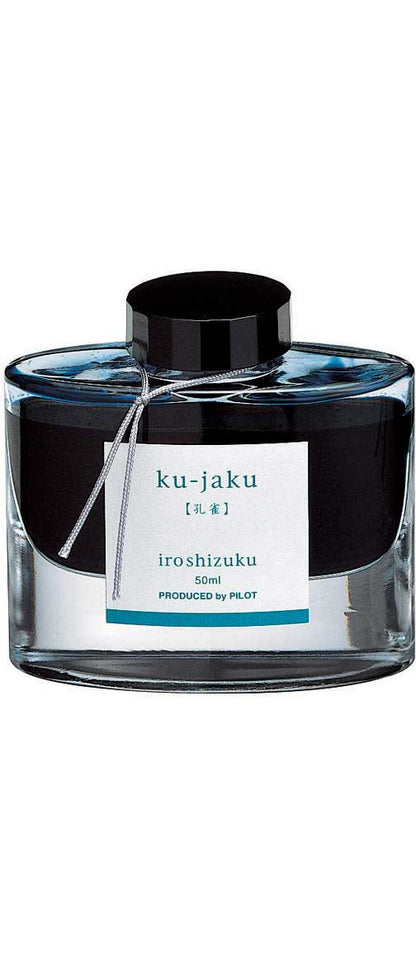 Alt Tag: Iroshizuku Ink 50ml Bottle - Ku-jaku color, premium Japanese stationery, elegant glass design for vibrant writing experience.