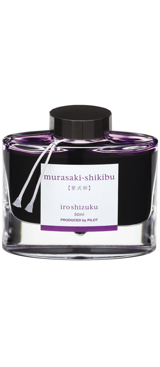 Murasaki-shikibu Iroshizuku Ink 50ml bottle in a stationery store, showcasing Japanese craftsmanship and elegant design.