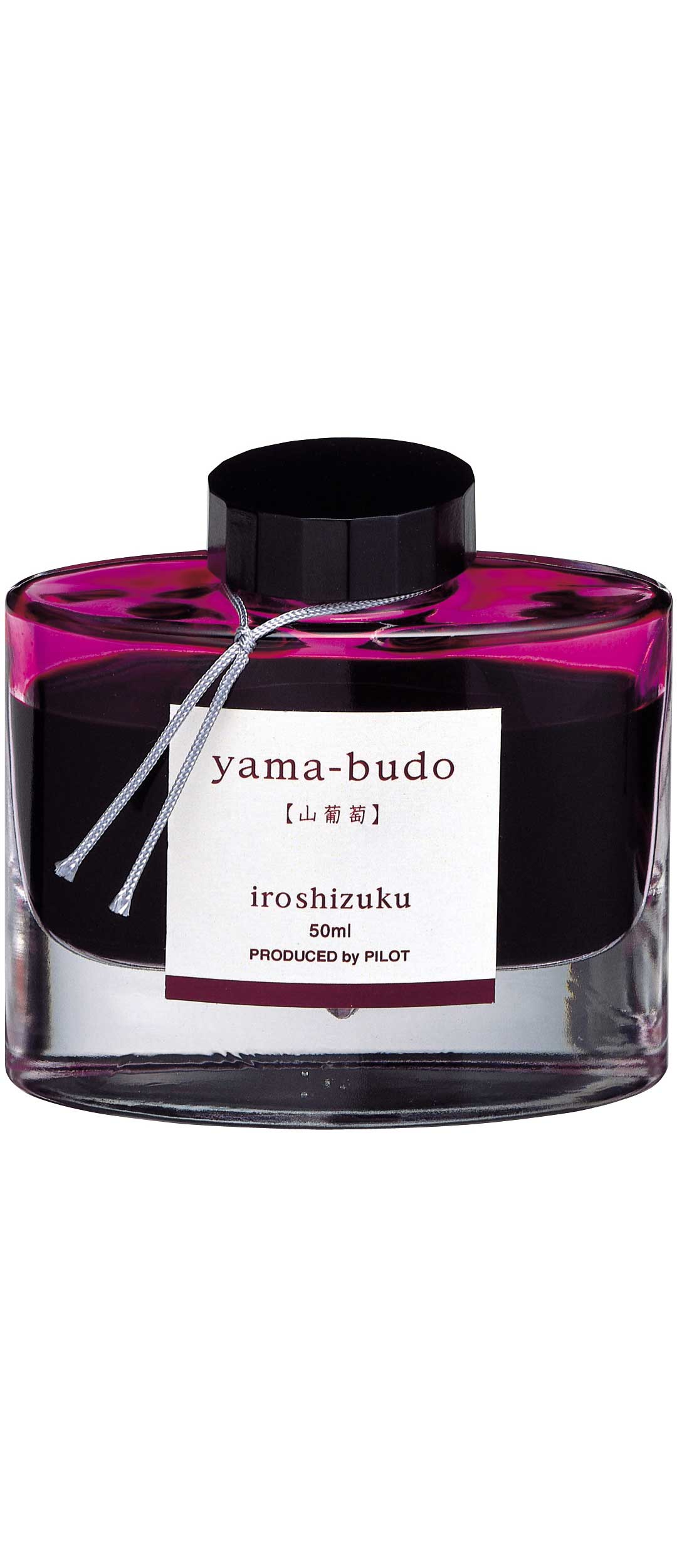 Iroshizuku Ink 50ml Bottle, Yama-Budo color, Japanese craftsmanship, available at stationery store, elegant glass design.