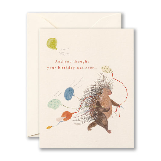 Love Muchly Belated Birthday card featuring a porcupine with balloons, available at our stationery store.
