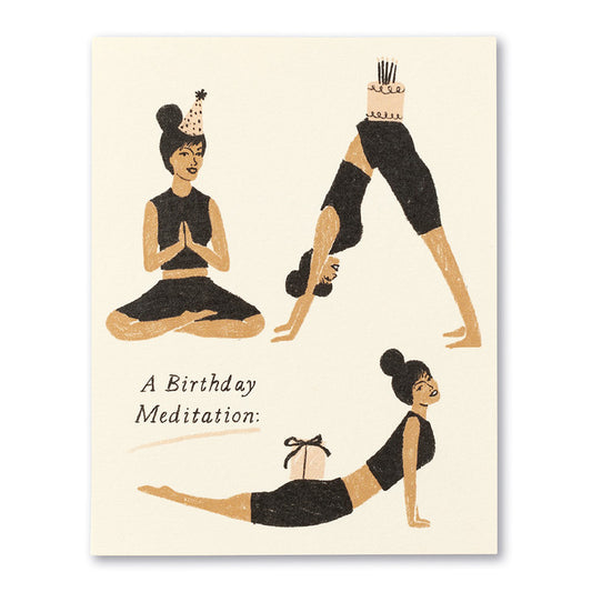Love Muchly Happy Birthday meditation card, three yoga poses, unique stationery store birthday card.