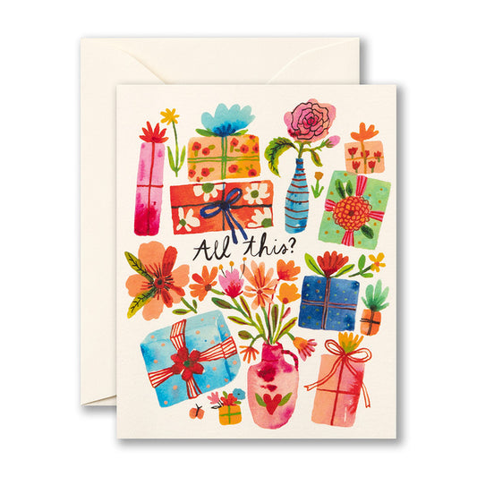 Colorful 'Love Muchly Happy Birthday - All this?' card with flowers and gifts design, from high-quality stationery store collection.