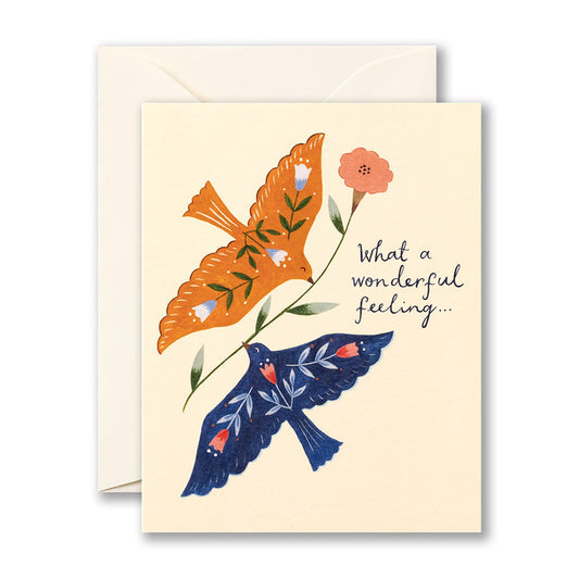 "Love Muchly Friendship card featuring colorful birds and flower design, available at our stationery store. What a wonderful feeling."
